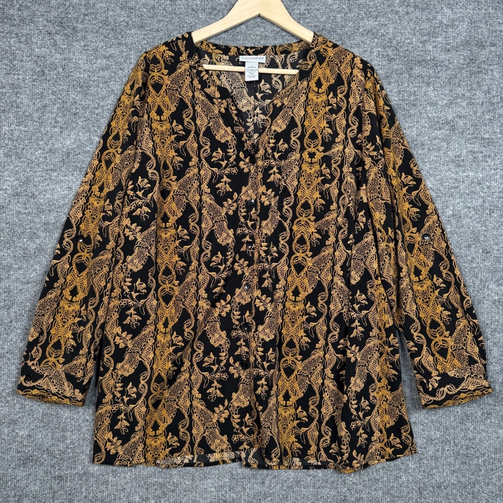 Catherines Womens Plus Sz 1X Tunic Blouse Black Gold Button Up Roll Tab Sleeves